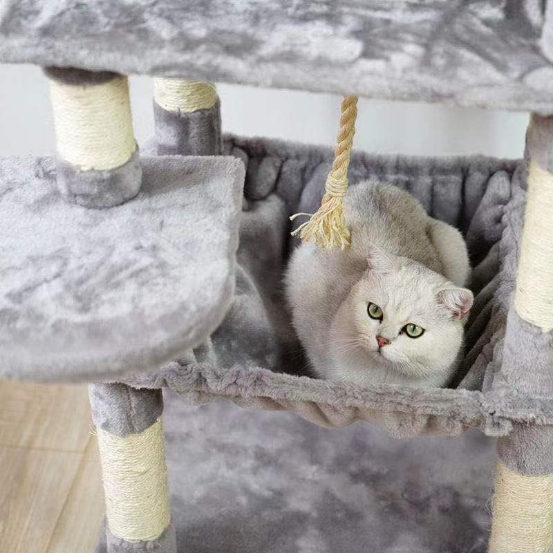 (145cm) Katzen Baum Sisal Kratzsäulen mit Häuschen / Hängematte / Aussichts Plattform - Grau