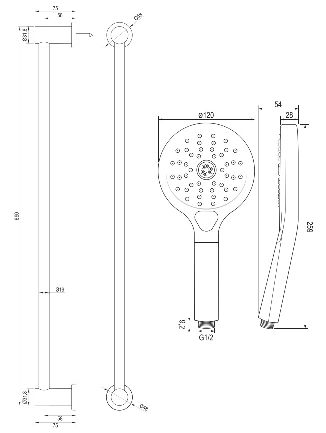 Brauer Gunmetal Carving thermostatische badkraan met glijstang en 3 standen handdouche gunmetal geborsteld PVD