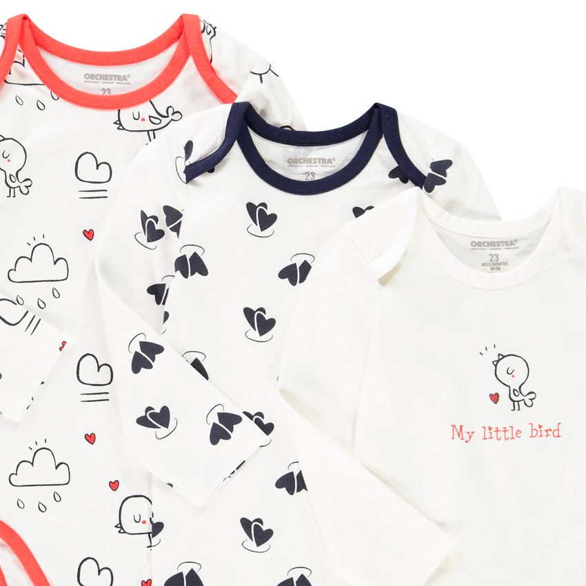 Lot de 7 bodies manches longues en coton bio print oiseau pour bébé fille - Ecru