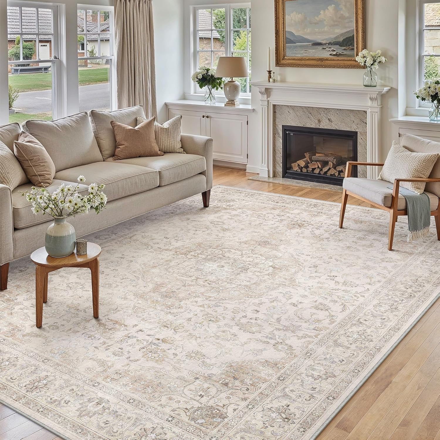 Teppich Wohnzimmer 200x300cm Waschbarer Vintage Beige Tepich for Schlafzimmer kurzflor rutschfest Weich Böhmischen Groß Retro Carpet für Küchen Esszimmer Bedroom Büro Living Room
