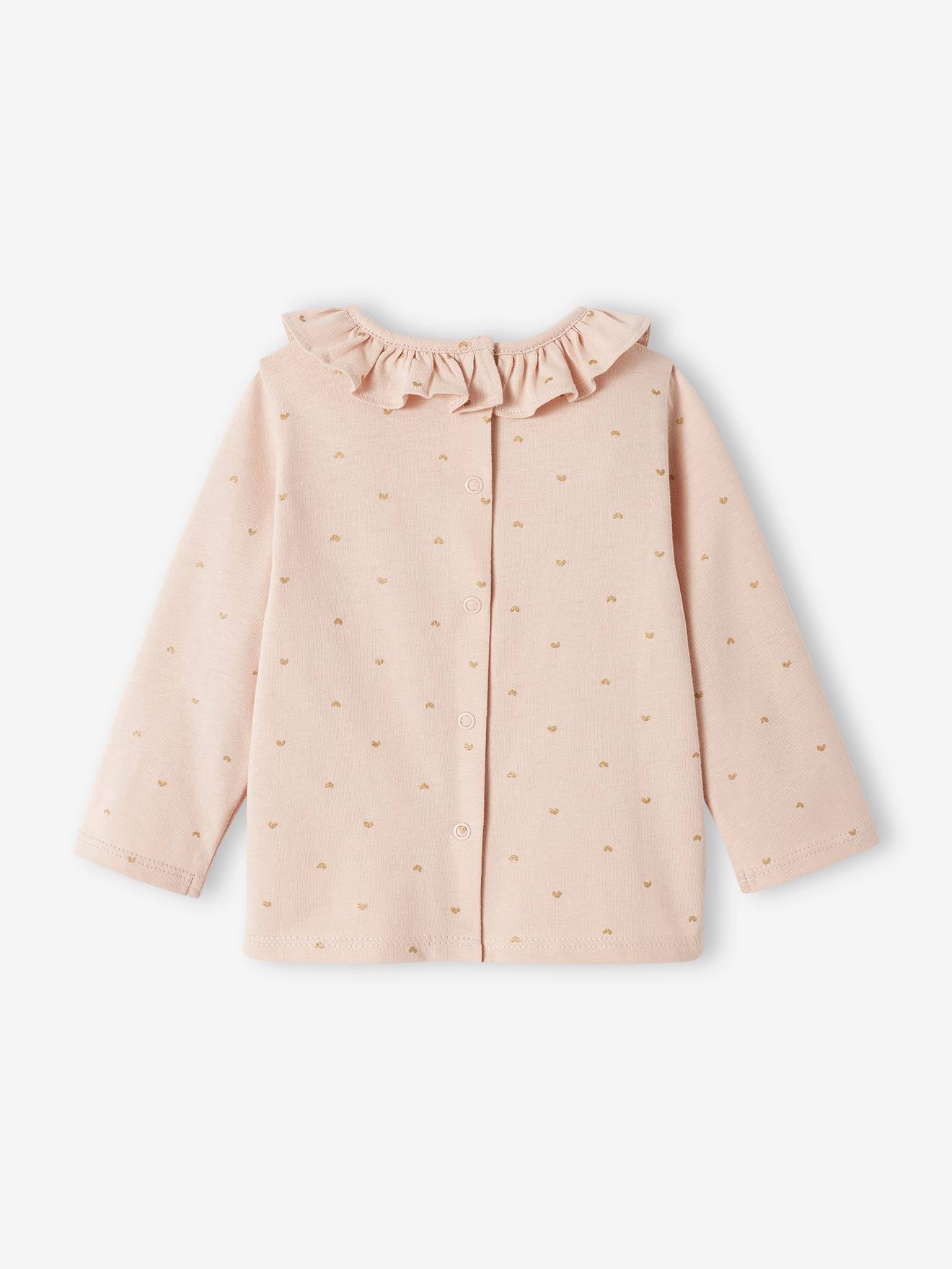 Camiseta personalizável com gola franzida para bebê menina, rosa claro.