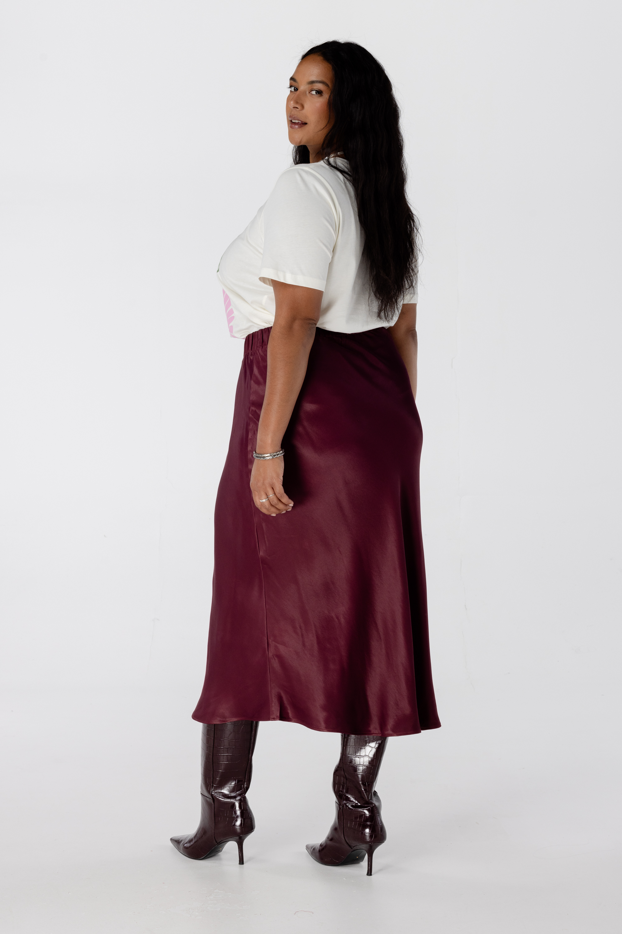 Midi rok van satijn Bordeaux