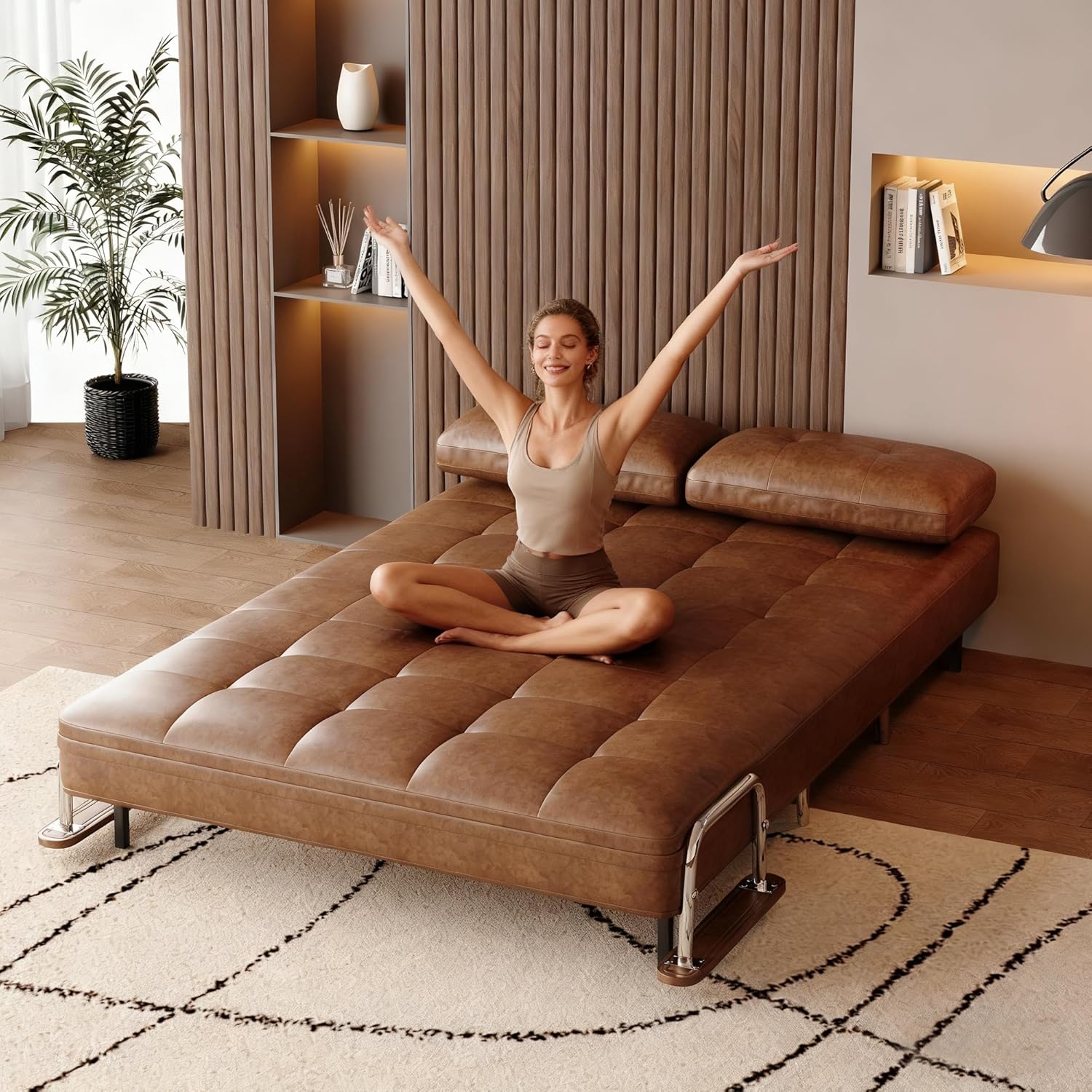 Schlafsofa-Lederoptik, modernes 2 sitzer Sofa mit schlaffunktion, schlafcouch mit Klappmatratze,klappsofa vielfältig einsetzbar für Wohnzimmer, Schlafzimmer & kleine Räume,Braunes（150cm）