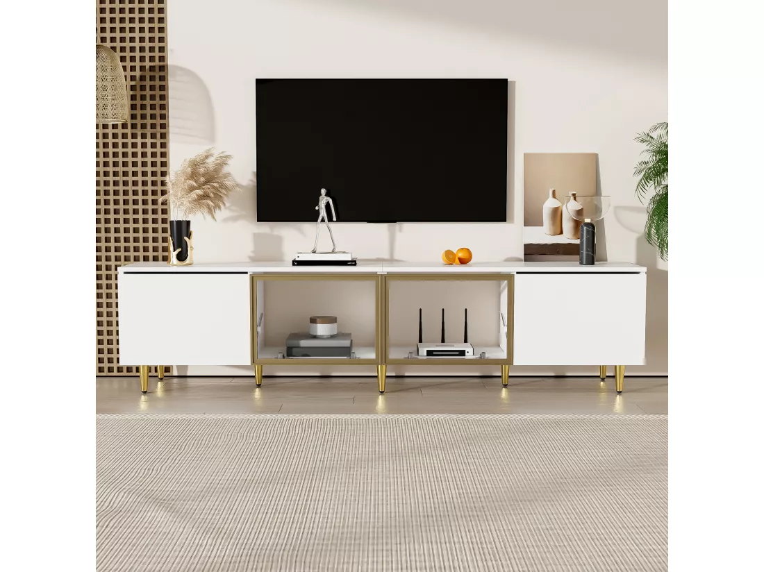 Meuble TV 170x33x40 cm - avec 4 portes (2 portes vitrées) - Panneaux de particules - Blanc