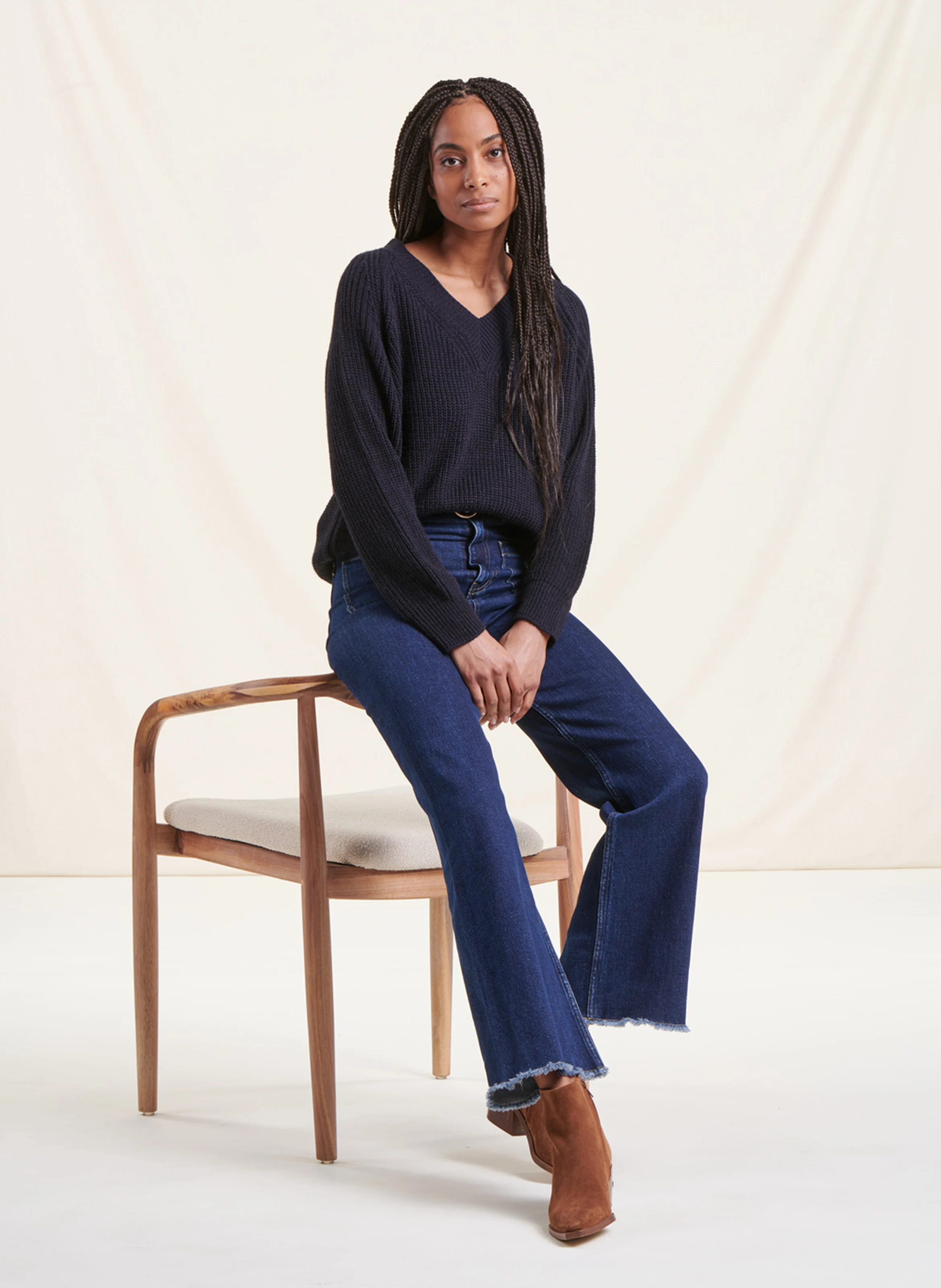 Pull droit col V en maille mélangée | Bleu