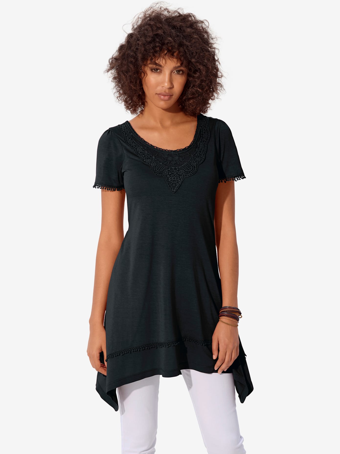 T-shirt long superbes détails en dentelle à l'encolure