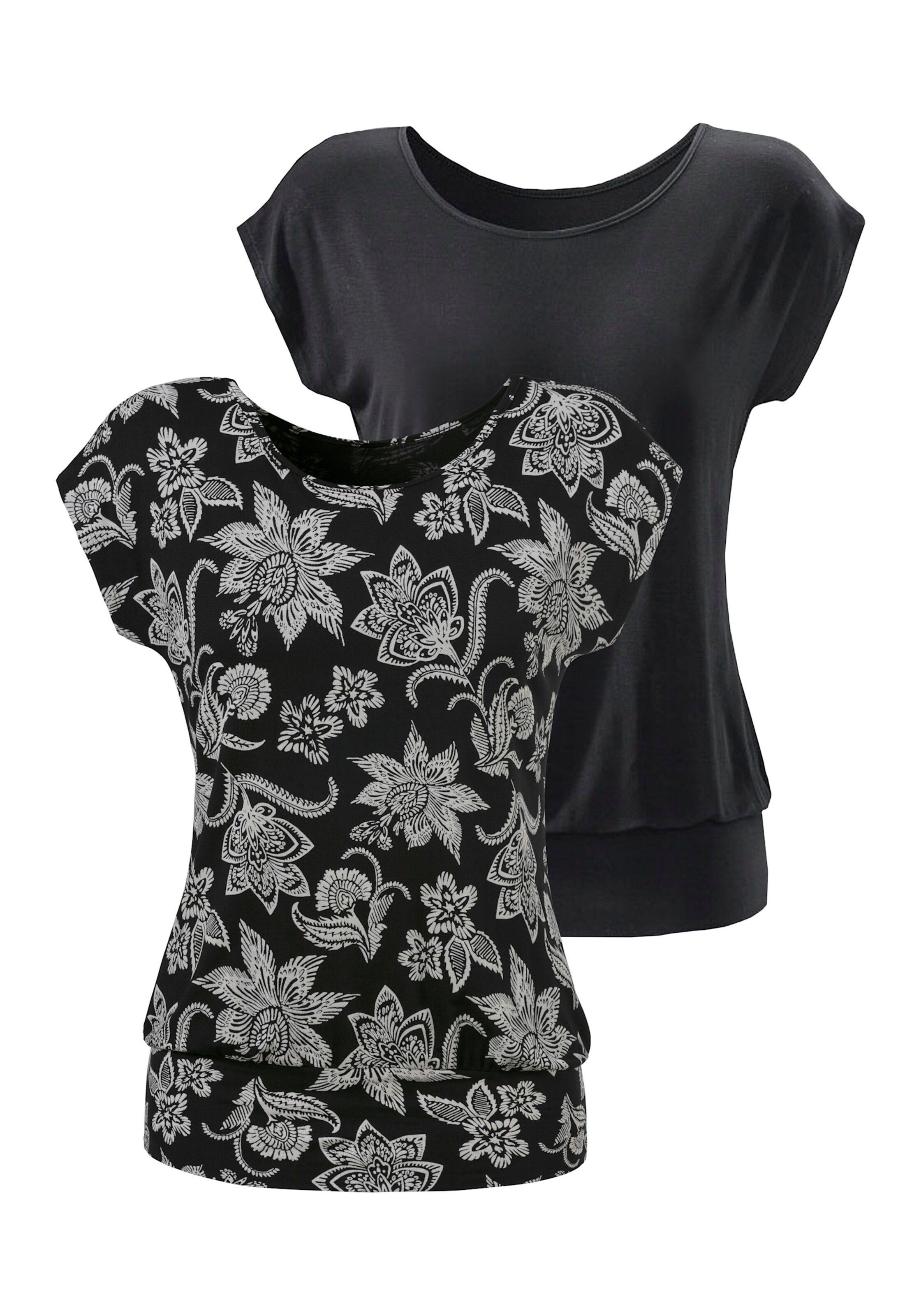 LASCANA Longshirt in schwarz bedruckt, schwarz uni