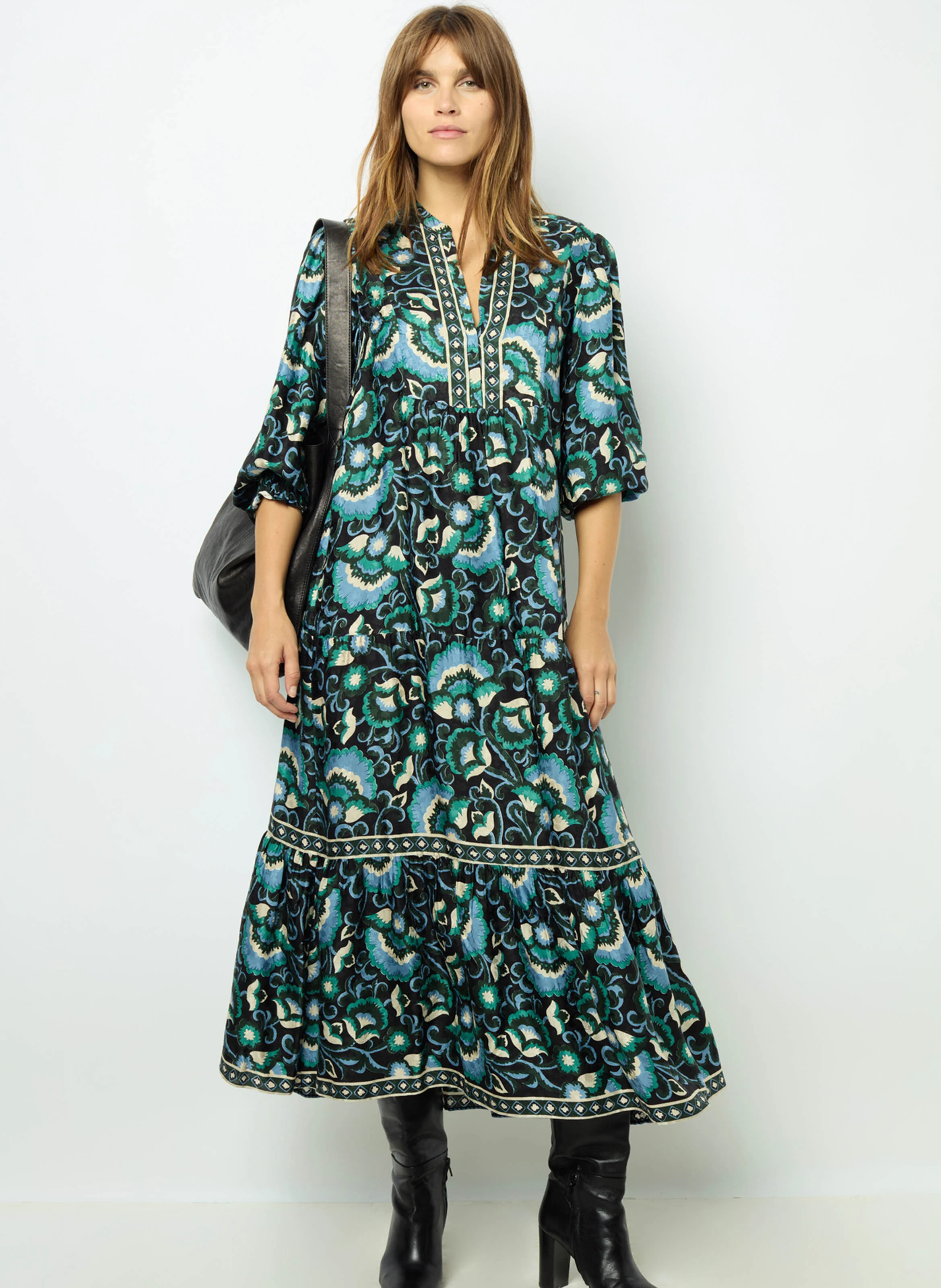 SANDA - Robe midi imprimée et jacquard | Vert