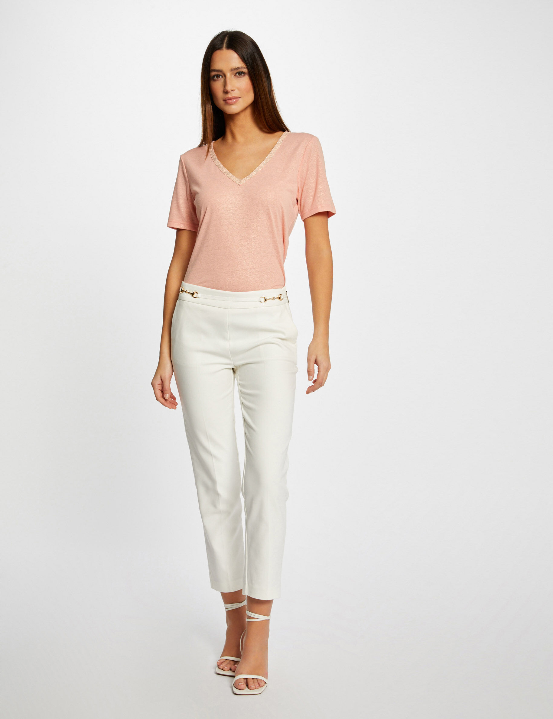 T-shirt manches courtes col en V rose moyen femme - rose_moyen