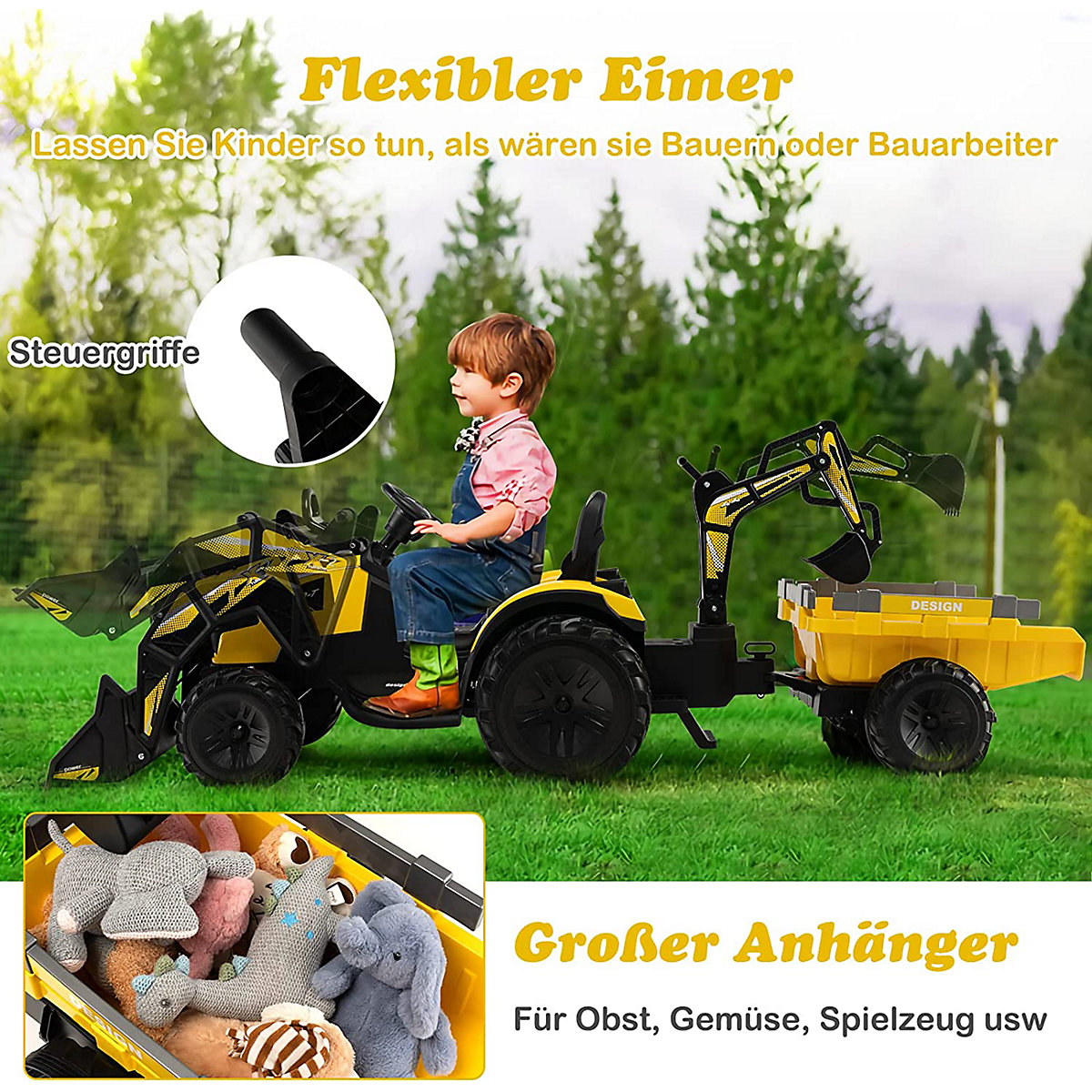 COSTWAY&reg; 12V Traktor mit Anh&auml;nger Elektroauto mit Fernbedienung & Musik gelb
