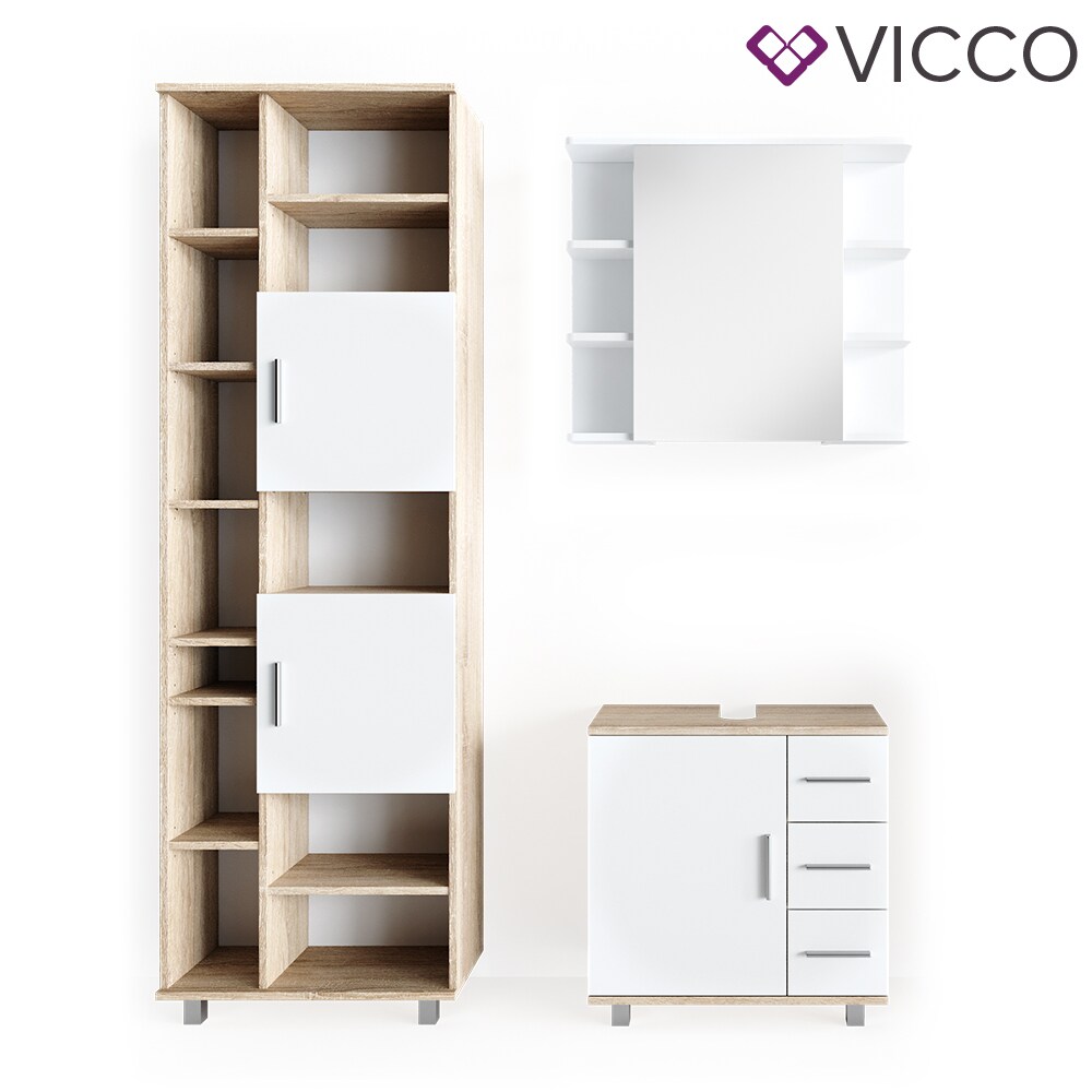 VICCO Badmöbel Set ILIAS Weiß Eiche Bad Spiegel Kommode Unterschrank Badschrank