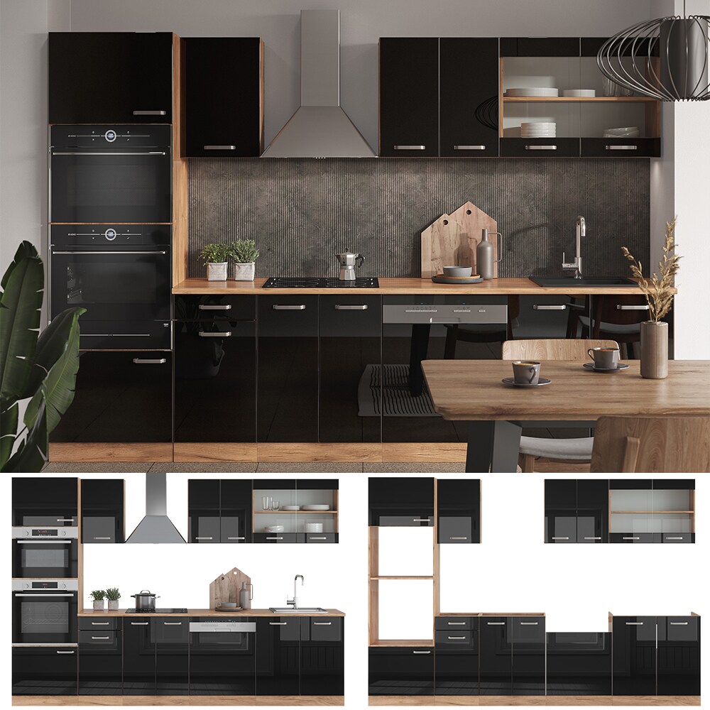 Vicco Küchenzeile R-Line Solid Eiche Schwarz 300 cm modern Küchenschränke Küchenmöbel