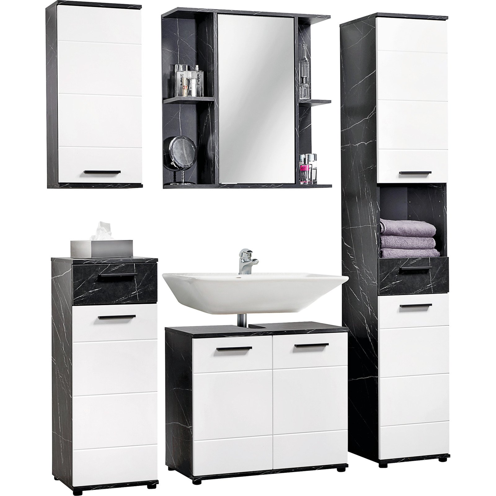 Badkommode Bergen Marmor-Optik schwarz-weiss 35 x 92 x 35 cm