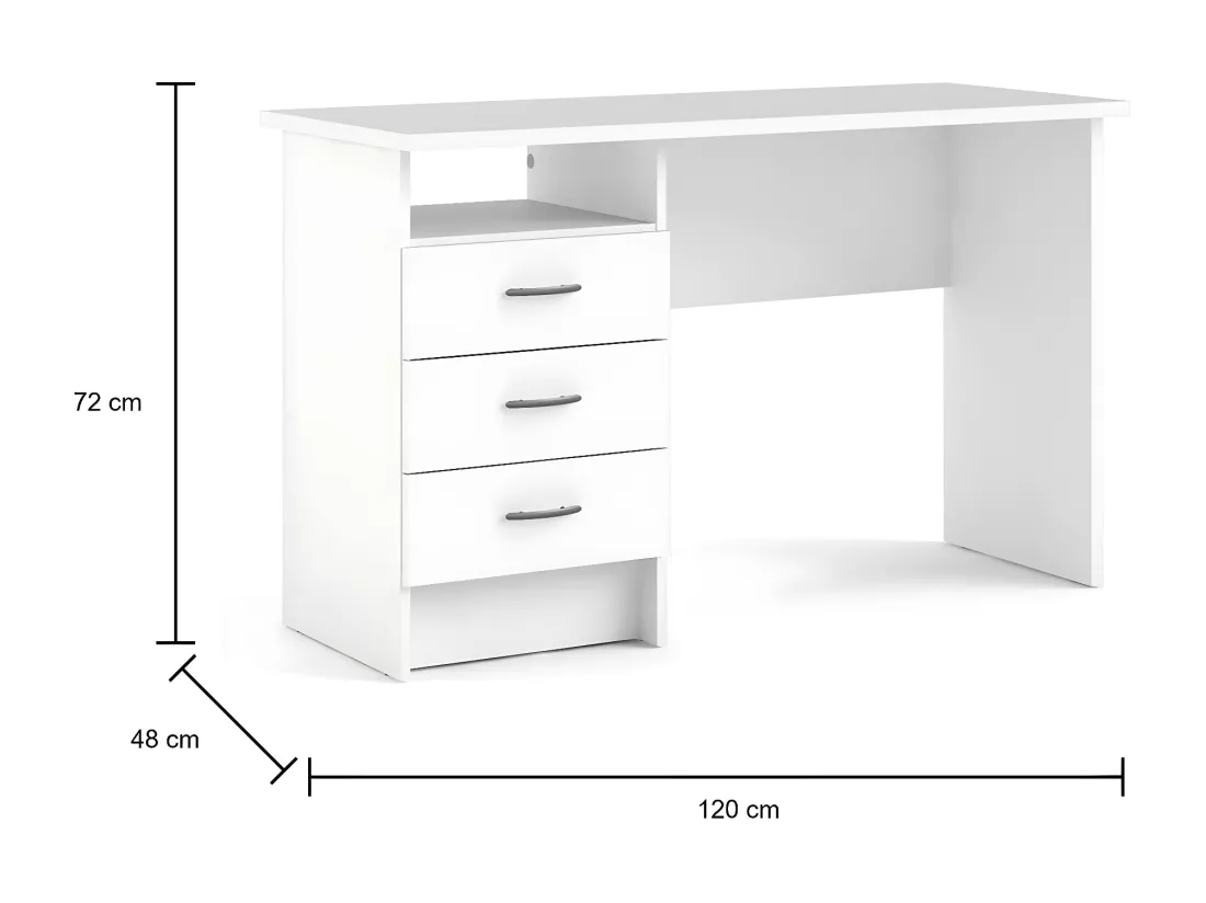 Bureau linéaire avec trois tiroirs, couleur blanche, Dimensions 120 x 72 x 48 cm
