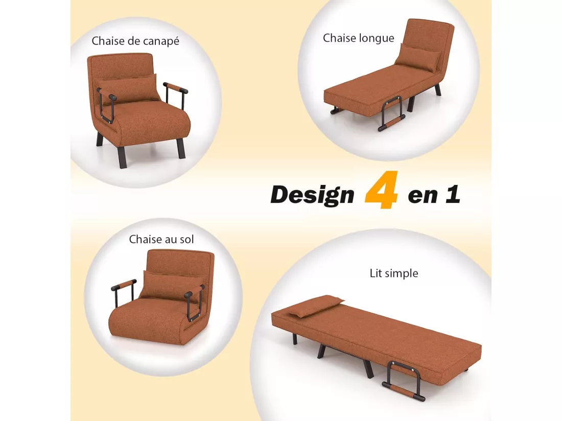 Fauteuil Convertible 1 Place, Fauteuil-Lit Chauffeuse 4-en-1 Dossier Réglable 6 Position, Oreiller, Siège Rembourré, Accoudoirs, Cadre Métal, Canapé-Lit Pliant, Marron