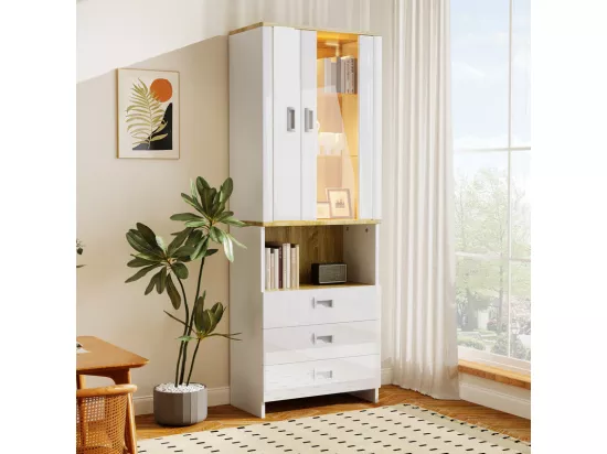 Vitrine avec LED intégré, 3 tiroirs, 2 portes, 1 niche - MDF et Panneau de particules - 65x35x181.5cm