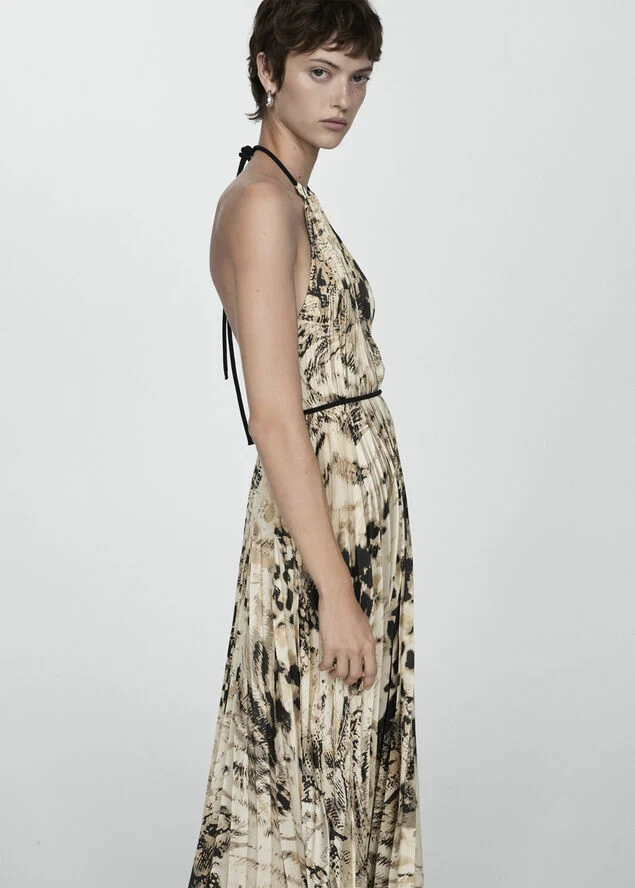 MANGO Pleated animal print dress Light beige
