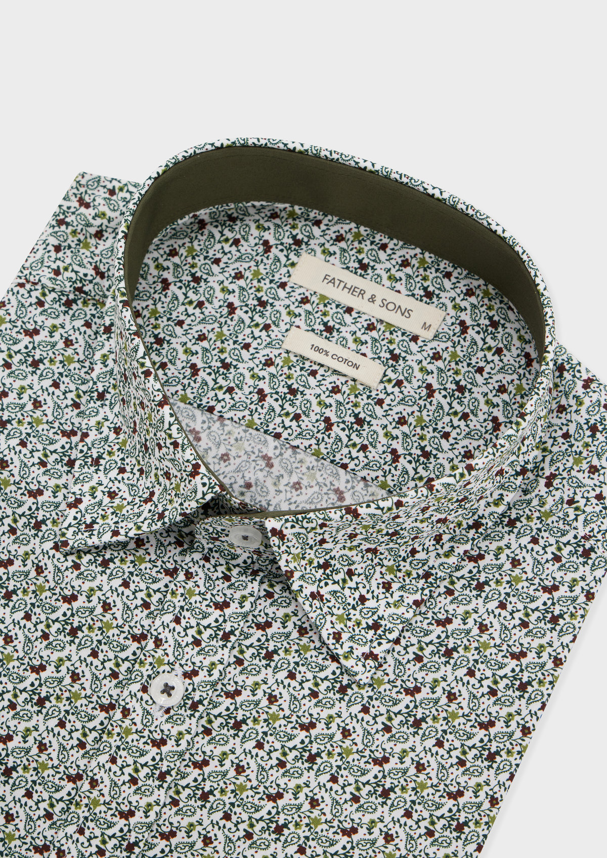 Chemise sport Slim en popeline de coton blanc à motif fleuri vert et marron