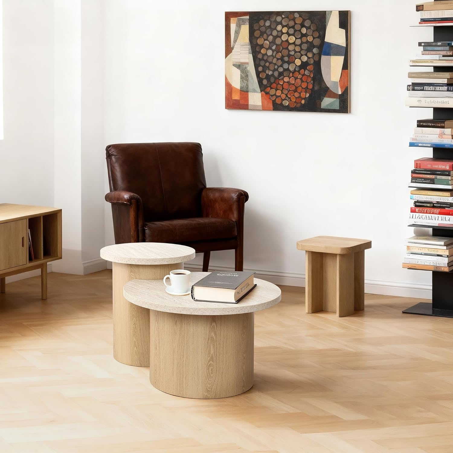 Couchtische Holz 2er-Set Rund, Moderner Runder Beistelltische, Kaffeetisch– in Steinoptik & Holzoptik fürs Wohnzimmer