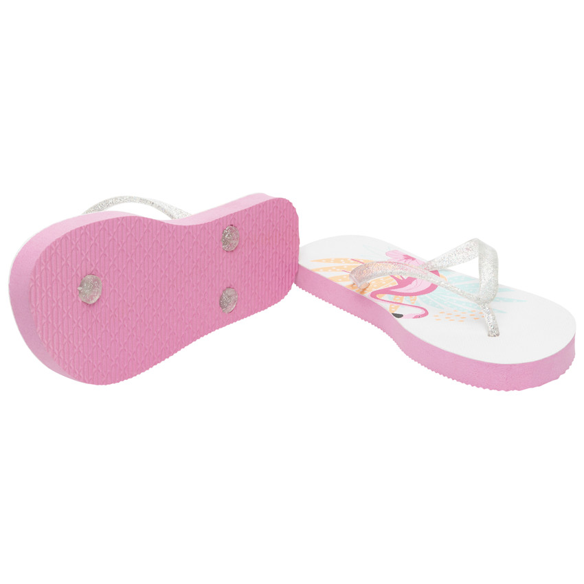 Tongs à bride pailletée print flamant rose pour fille avec lanière selon l'âge