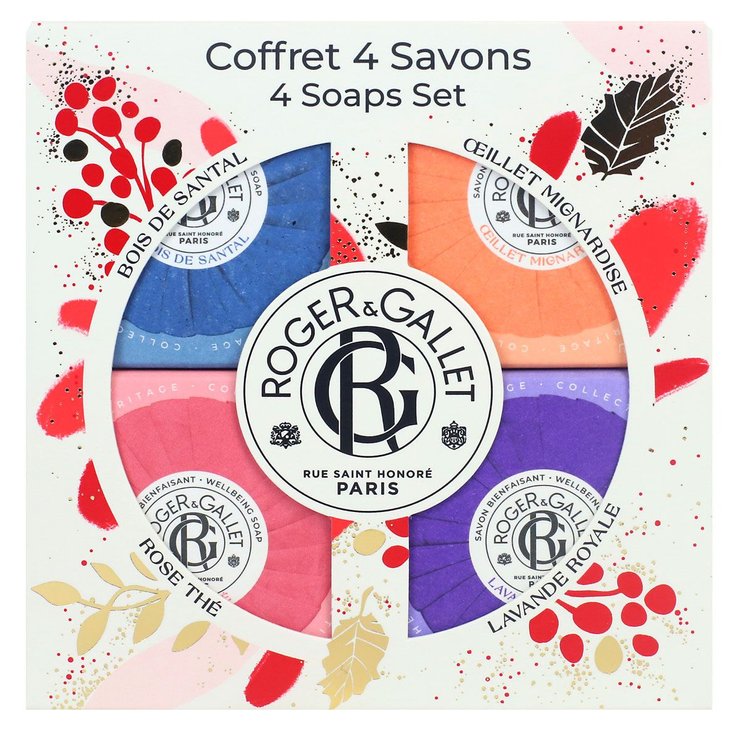 Coffret 4 savons bienfaisants santal - Œillet + rose thé + lavande 4x 50g