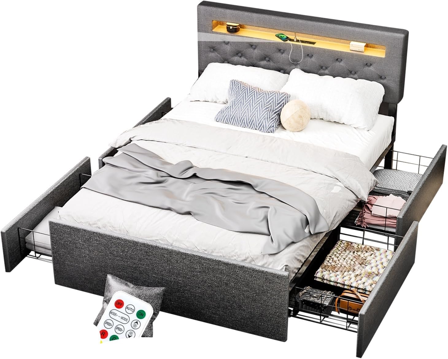 Polsterbett Doppelbett mit LED-Kopfteil und USB-Port, Stauraumbett mit 4 Stauraum Schubladen, Bett Bettgestell mit Lattenrost und bettkasten, Leinen, Grau（140x200 ）