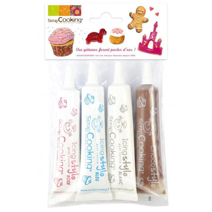 4 stylos de glaçage blanc, rose, bleu, chocolat Scrapcooking