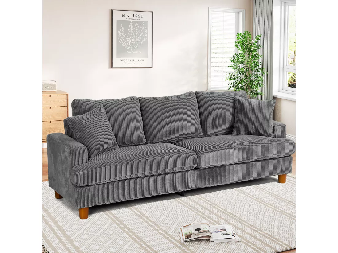 Canapé en Velours Côtelé 3 Places,Grand Canapé Droit Rembourré Moderne avec Sièges extra profonds de 53cm - 2 Coussins - 220x76x84cm - Gris