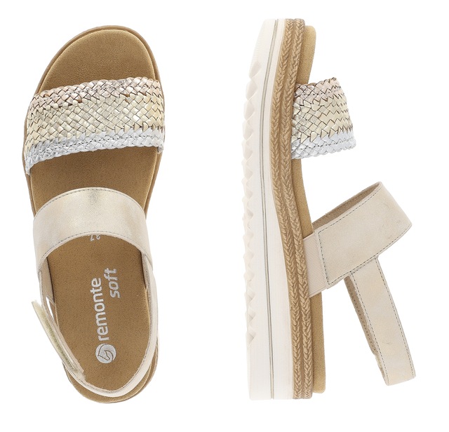 Remonte Keilsandalette »ELLE-Collection«  , Sommerschuh, Sandale, Keilabsatz, mit Flechtbandage im Metalliclook