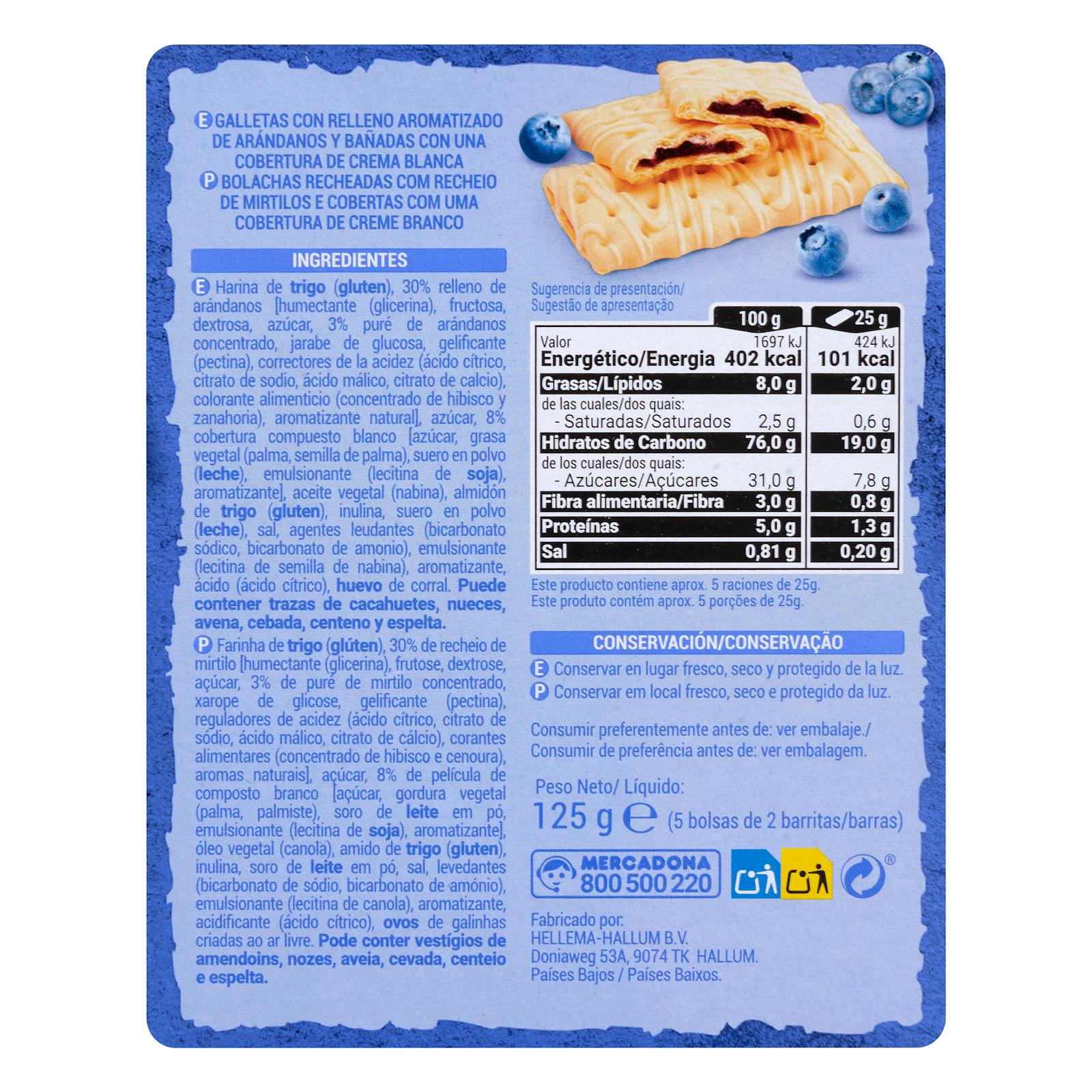 Barres de biscuits fourrées aux myrtilles Hacendado