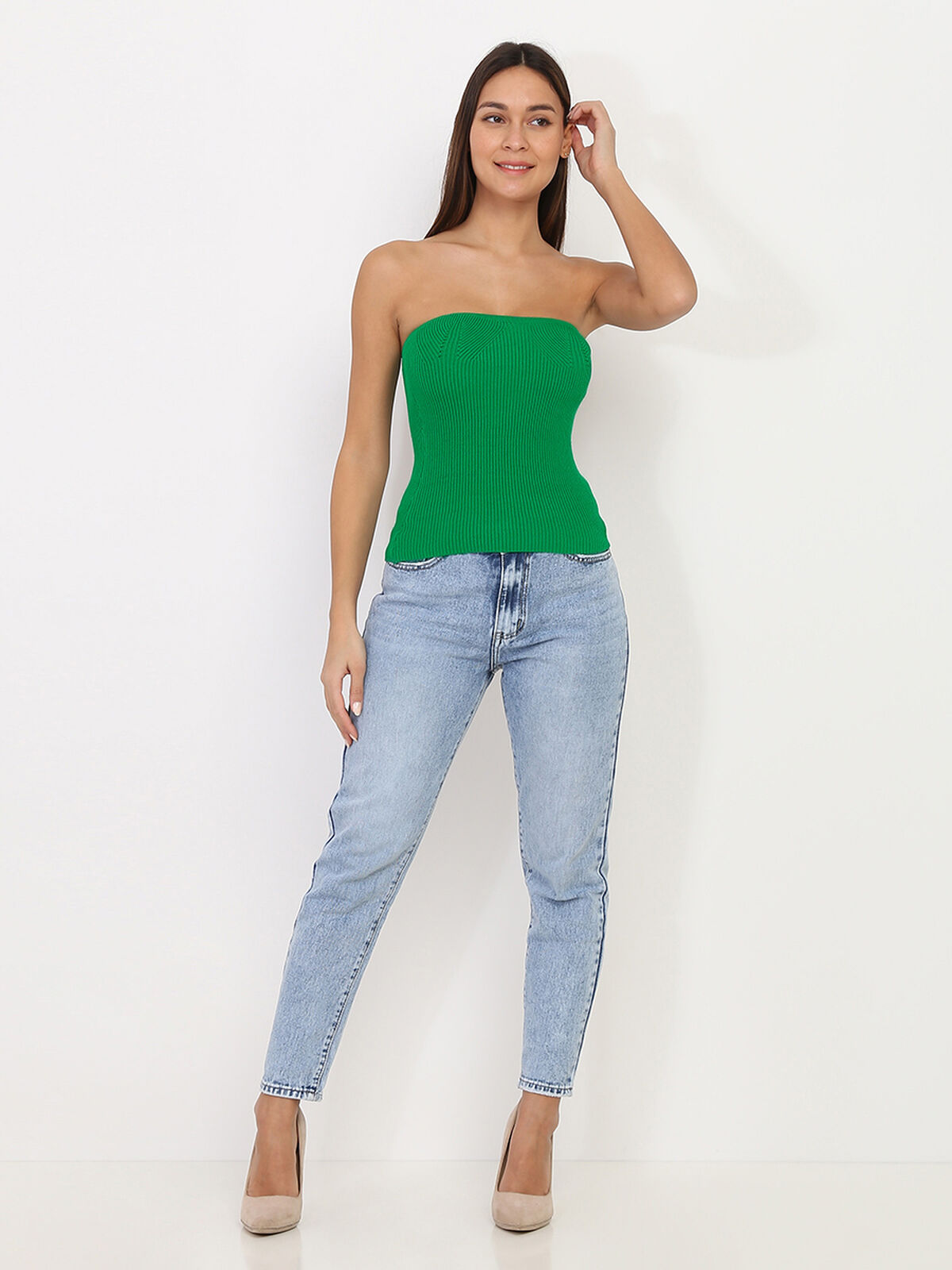 Top bustier moulant en maille côtelée- Vert