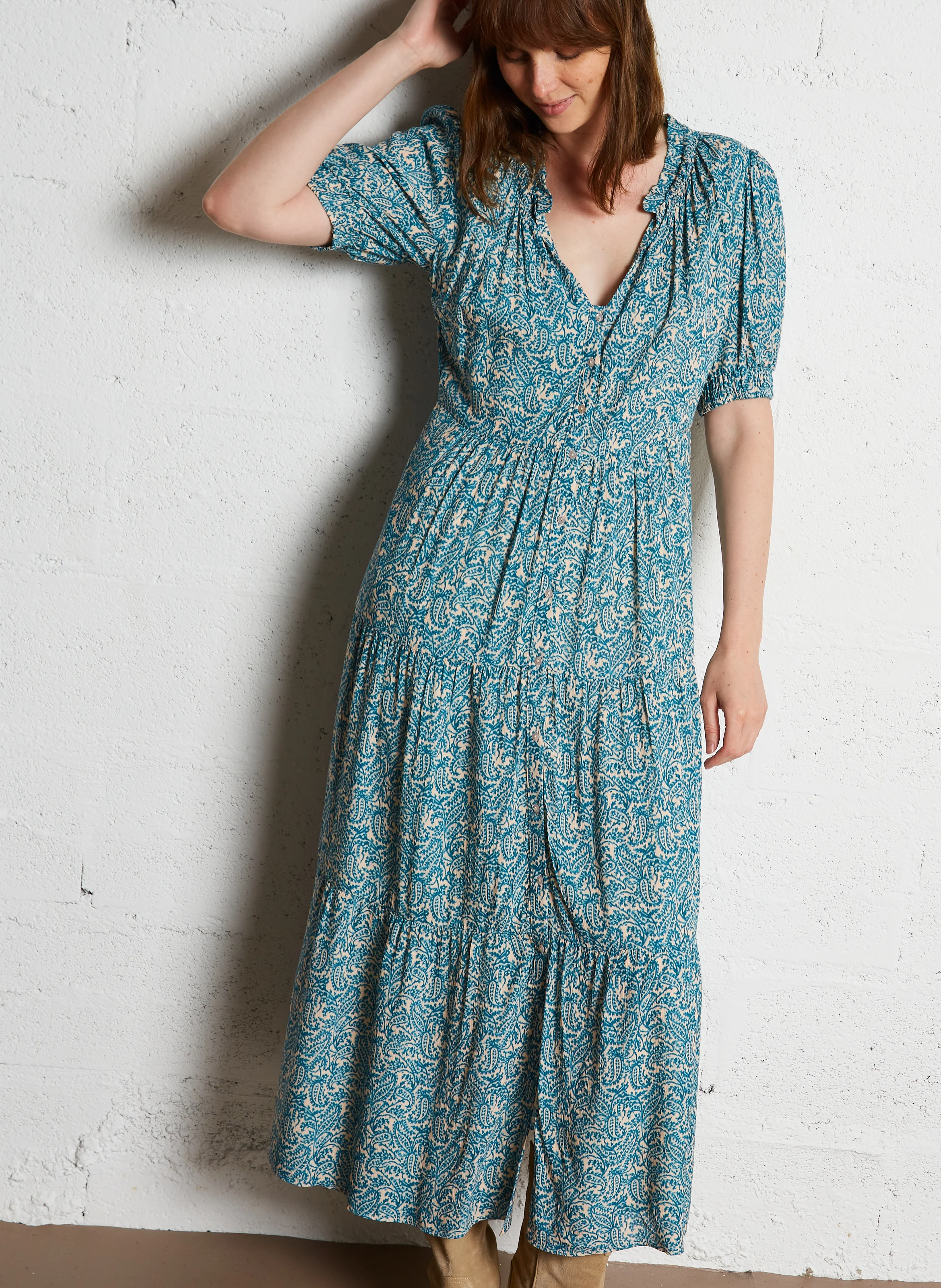 MANALE - Robe longue col tunisien imprimé | Bleu