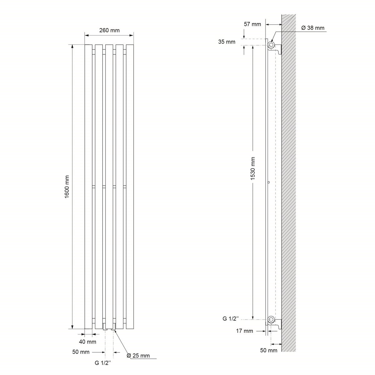 LuxeBath Stella designradiator, 1600 x 260 mm, antraciet, paneelradiator, middenaansluiting, enkellaags, vlak, verticaal, badkamerradiator, buisradiator, vlakke radiator, badkamerverwarming, badkamerwandverwarming