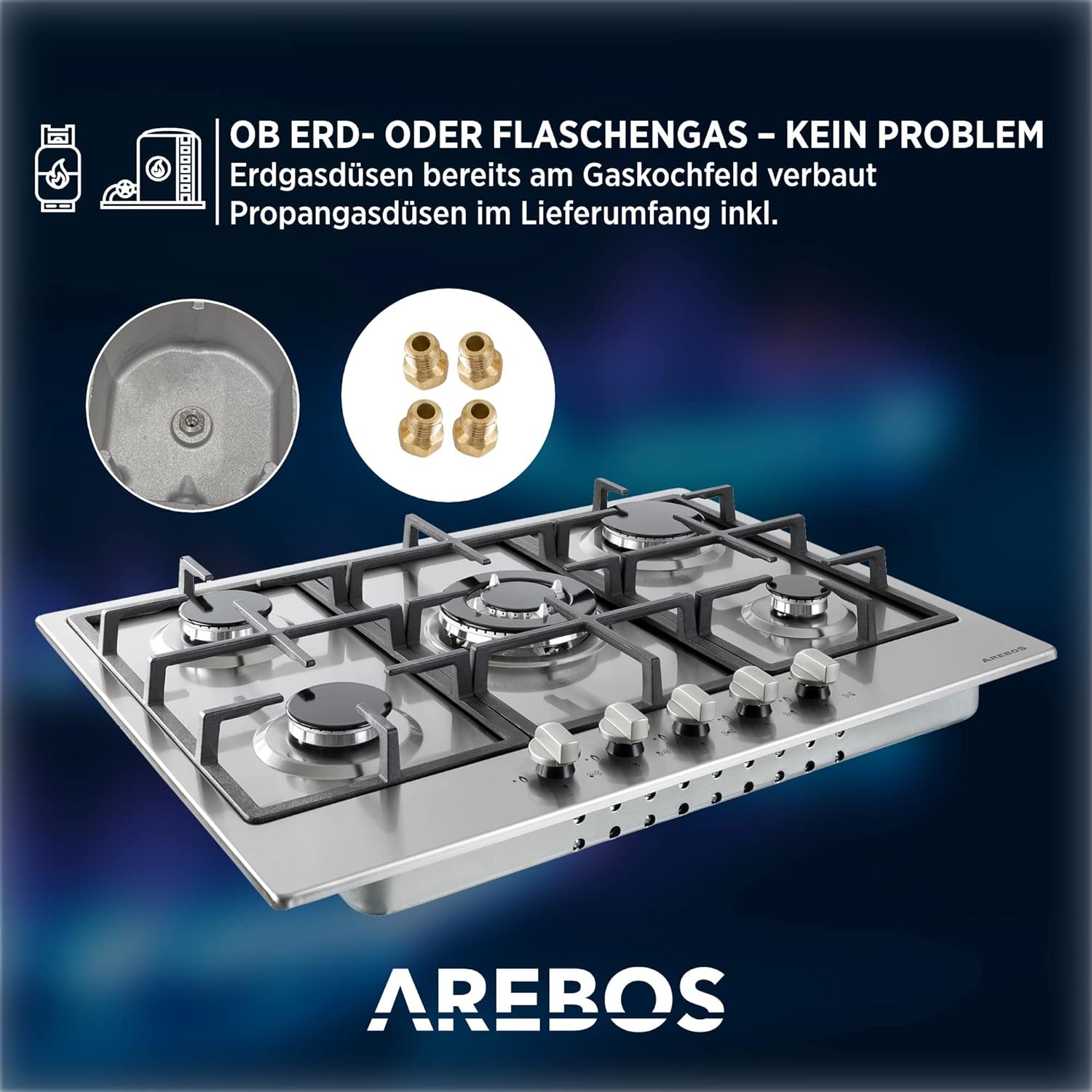 Arebos Gaskochfeld 5 Flammig | Edelstahl Gasherd mit automatischem Flammenschutz | Erd- oder Propangas | Gaskocher Autark, effizient und energiesparend