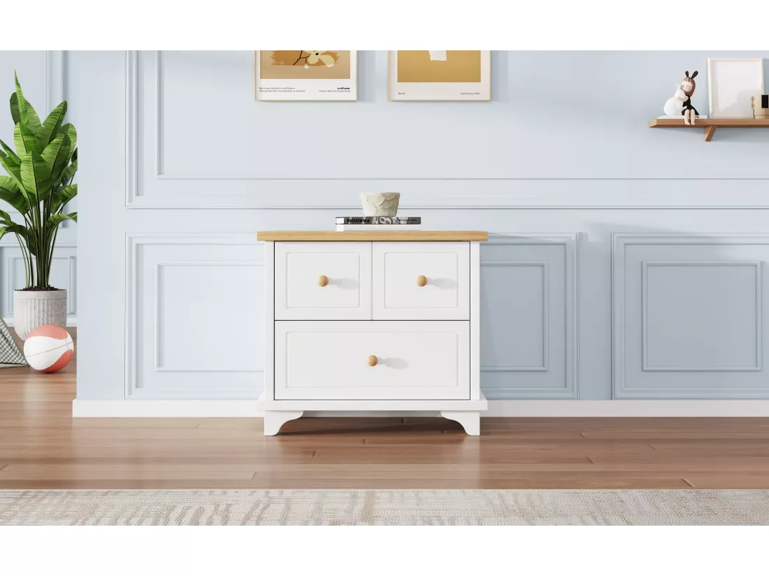 Table de chevet avec 2 tiroirs - 60 x 40 x 51.5 cm - pieds de belle facture - MDF+aggloméré - blanc+naturel