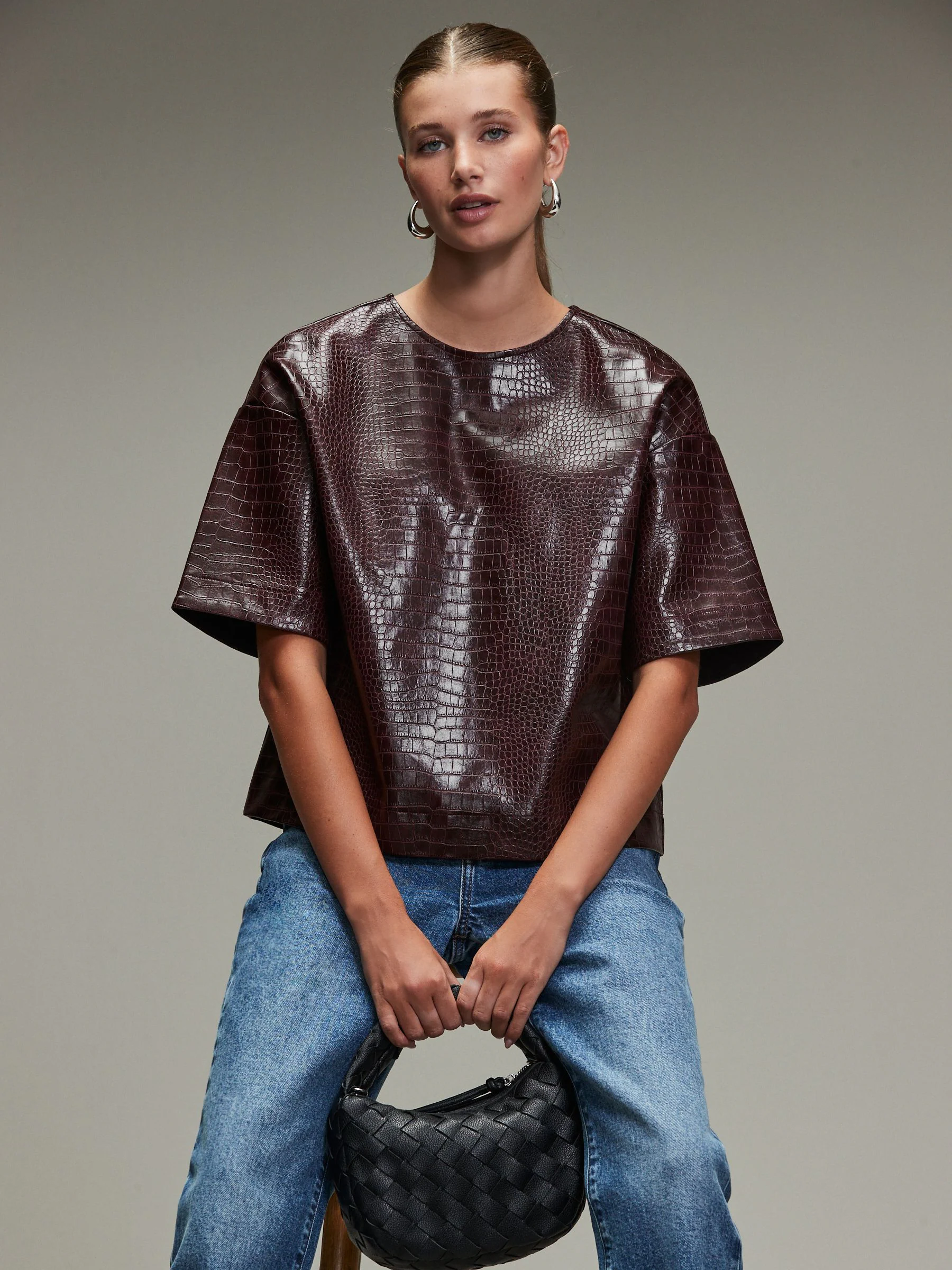 Bordeauxrood - Faux Leather Croc Effect T-Shirt