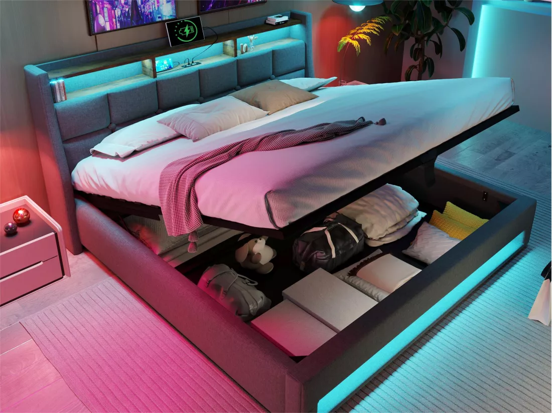 Lit coffre en lin 160x200cm avec LED et ports USB - sommier à lattes - gris