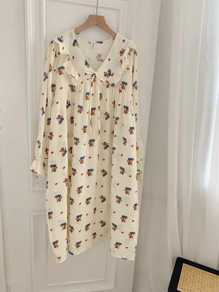 Tanee - Koppel bijpassende pofmouw midi pyjamajurk met berenprint / lange mouwen berenprint top met knoopjes / broek / set
