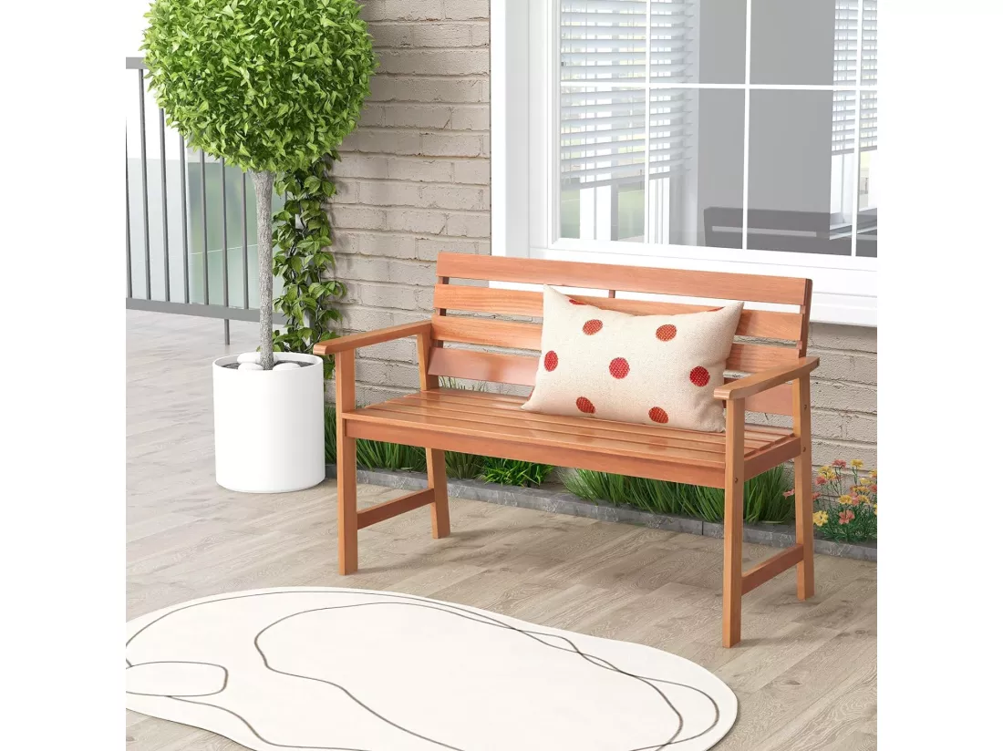 Banc de Jardin en Bois Massif, Banc d'Extérieur à 2 Places avec Accoudoirs, Siège à Lattes pour Parc, Porche, Cour, Charge 180 KG, 120,5 x 64 x 84 CM (L x l x H), Naturel