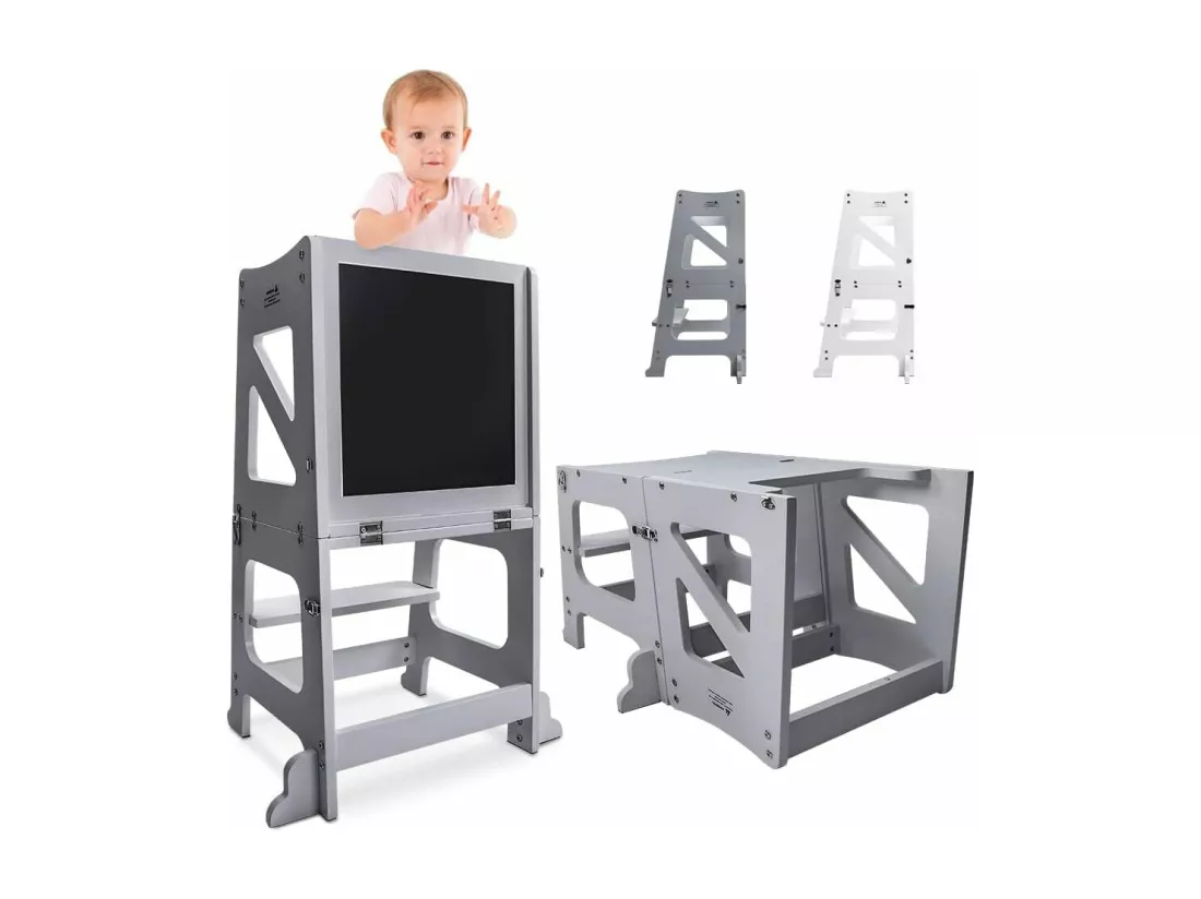Chaise Haute Bébé 2 en 1,Tour d'apprentissage Pliable en Bois avec Tableau Magnétique Double-Face,Transformable Table et Chaise,Gris