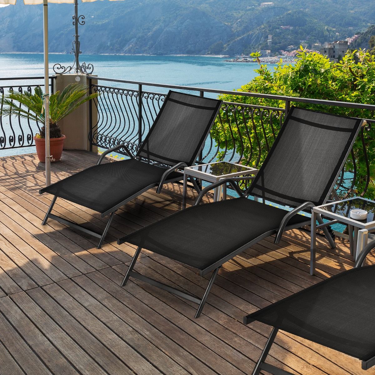 Lot de 2 Bains de Soleil Inclinables d'Extérieur avec Accoudoirs et Dossier Réglable à 5 Positions Charge 160 kg Noir - Lidl-Manfred