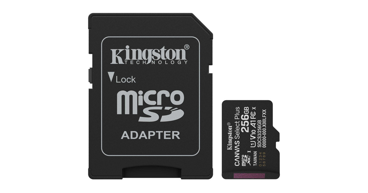 KingstonCanvas Select Plus 256 GB MicroSDXC geheugenkaart  (Zwart, UHS-I U1, Class 10, V10, Incl. SD Adapter)