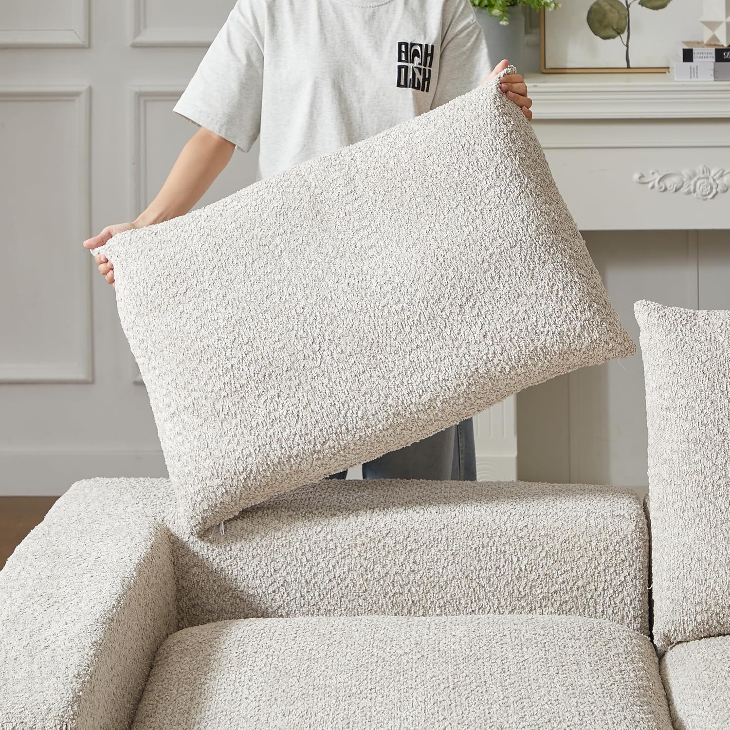 Modulares sofa,Chaiselongue,Chaiselongue sofa,Chenille-Sofa mit gebogenen Elementen und Liegestuhl, vollständig komprimiert und ohne Gestell, modulares Kombinationssofa L-Liegestuhl (Beige)