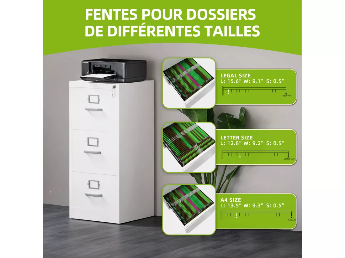 Caisson de classement à 3 tiroirs - verrouillable pour Format Lettre/légal/A4 - pour Bureau à Domicile - 3 tiroirs - Blanc