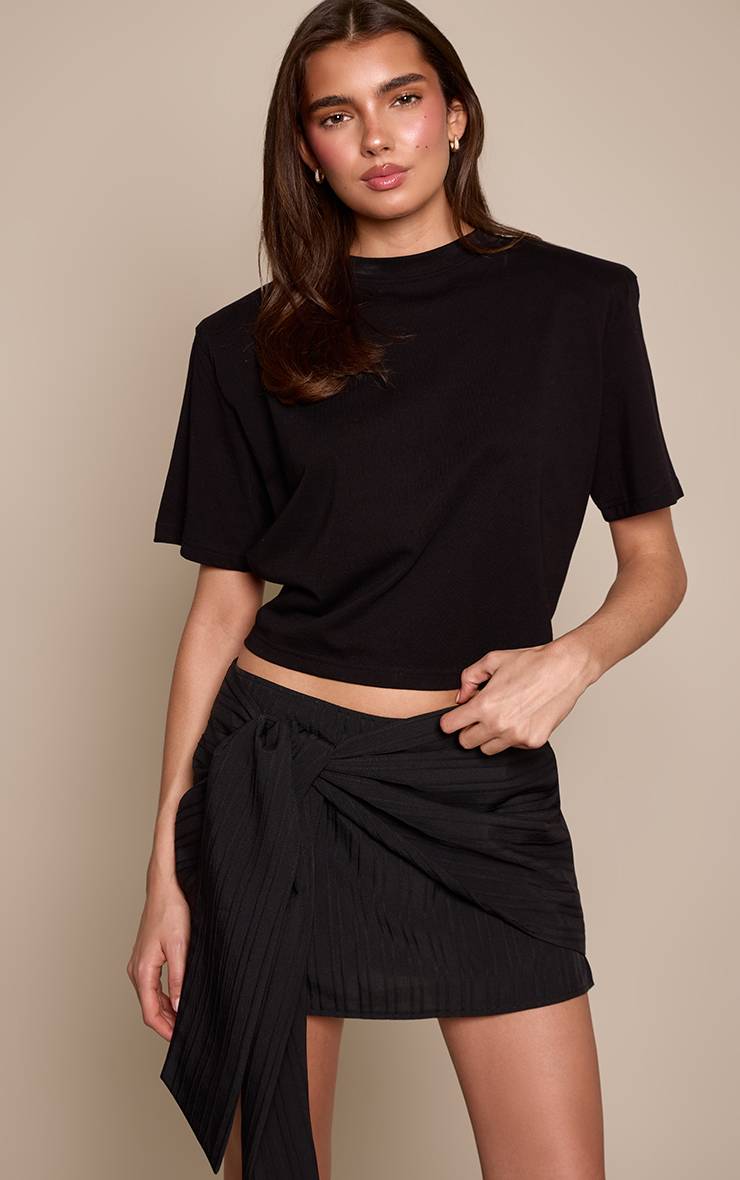 Noir Jupe-short Portefeuille Nouée En Tissu Texturé