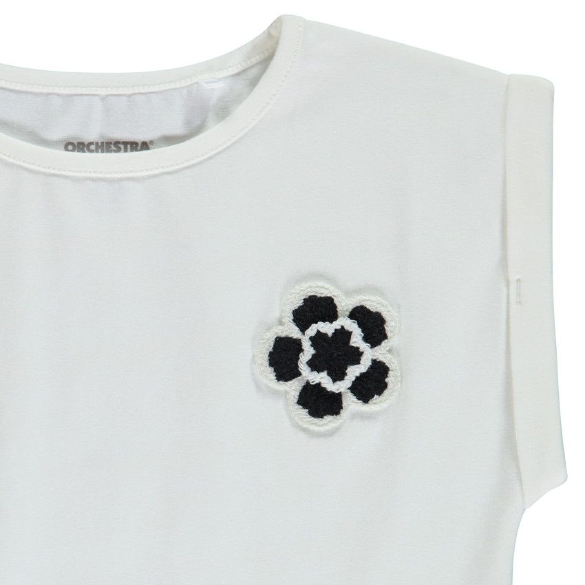 T-shirt manches courtes patch fantaisie fleur en crochet pour fille - Ecru