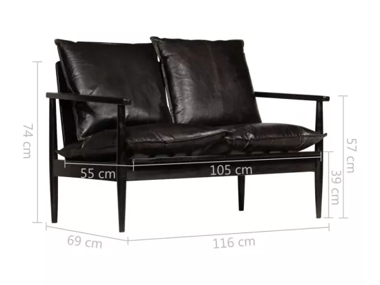 Canapé à 2 places Cuir véritable avec bois d'acacia Noir
