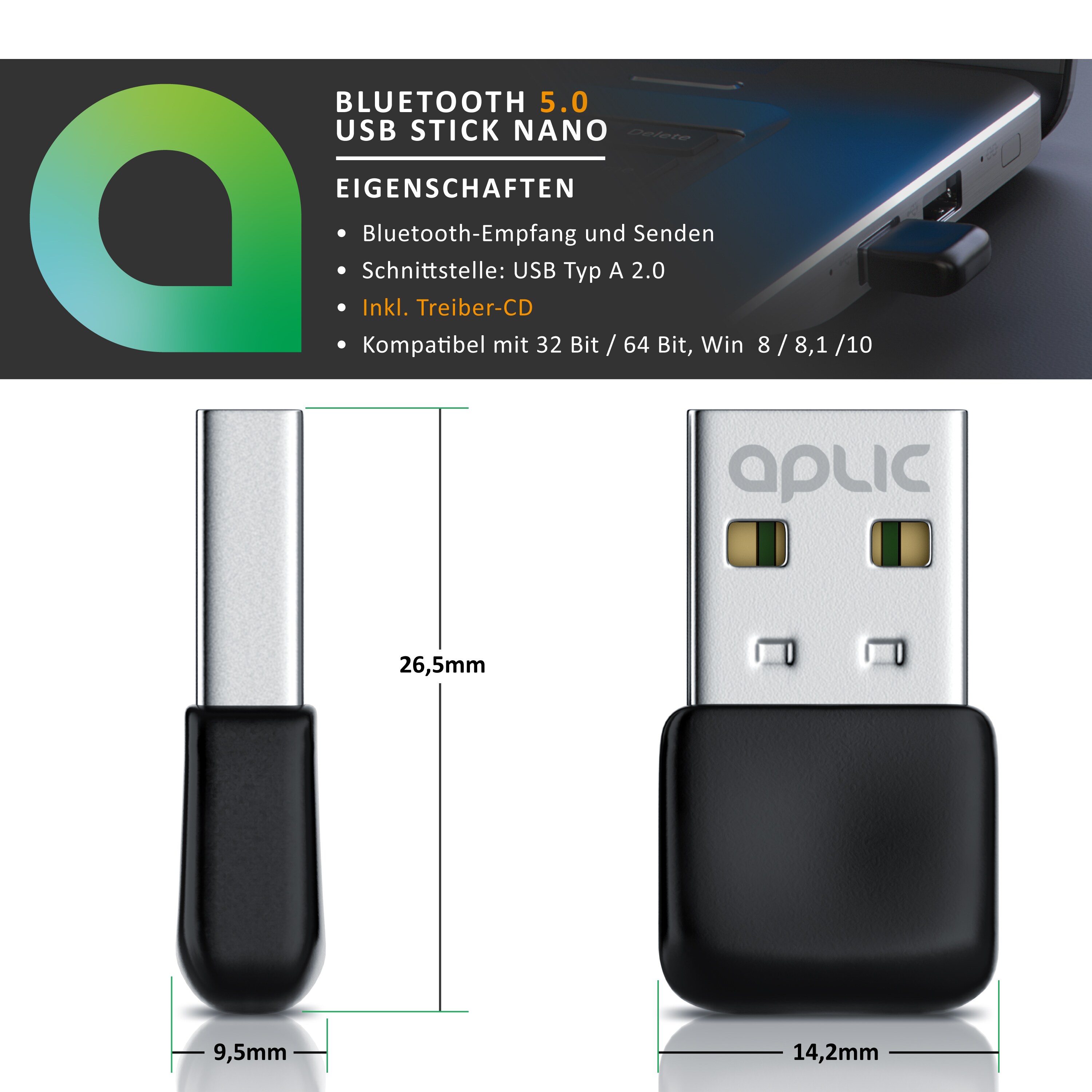 CSL USB Bluetooth Stick - BT V5.0 - Adapter, Dongle - für PC Laptop - unterstützt Bluetooth Kopfhörer, Lautsprecher, Mäuse, Tastaturen - 3 Mbit/s