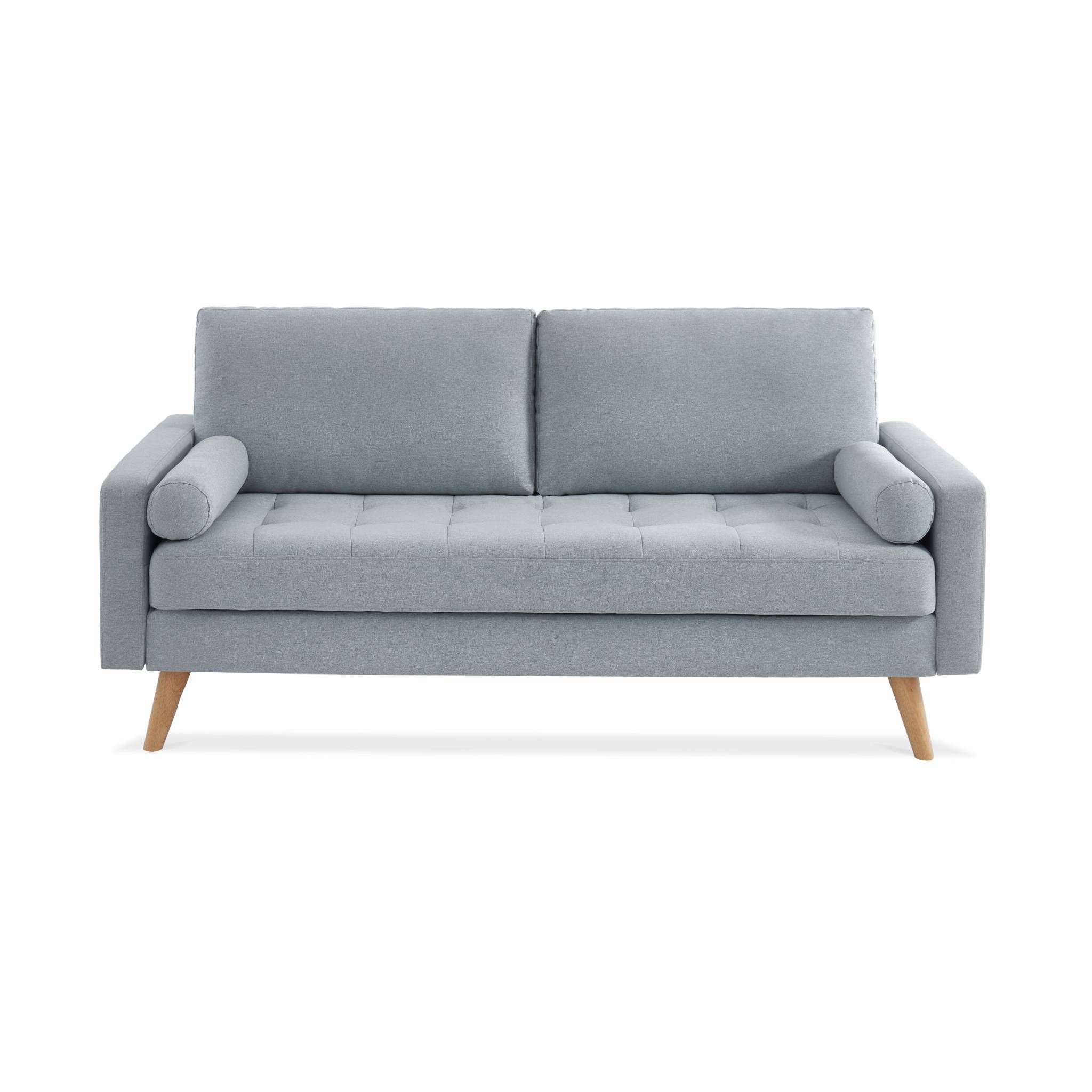 Canapé en tissu gris clair. 3 places scandinave fixe. Droit. Pieds bois