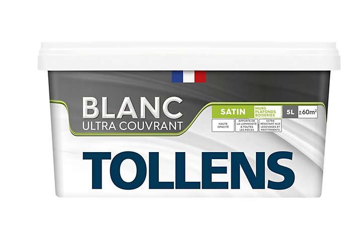 Peinture Tollens ultra couvrant murs, plafonds et boiseries satin blanc 5L